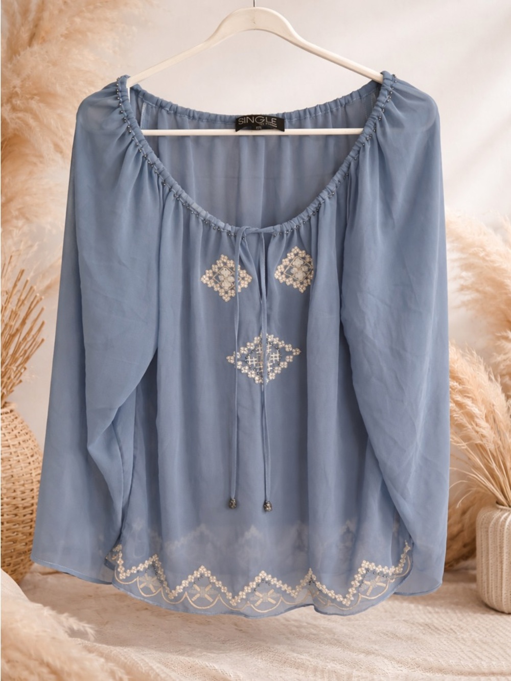 Single Light Blue Embroidered Boho Peasant Top